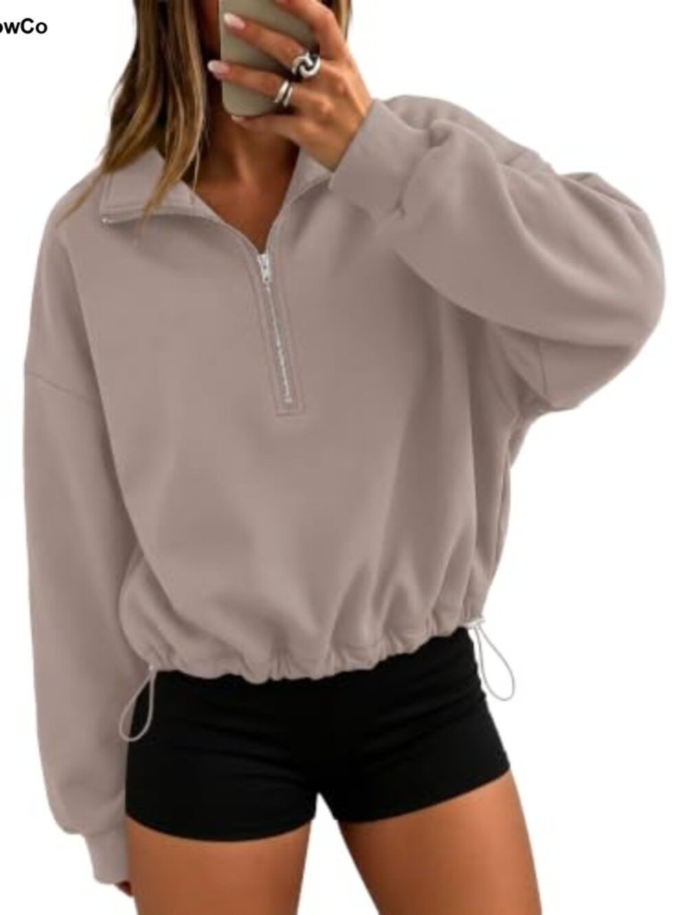 Quarter Zip Crop Sweatshirt Fleece Pullover Cinchable Hem